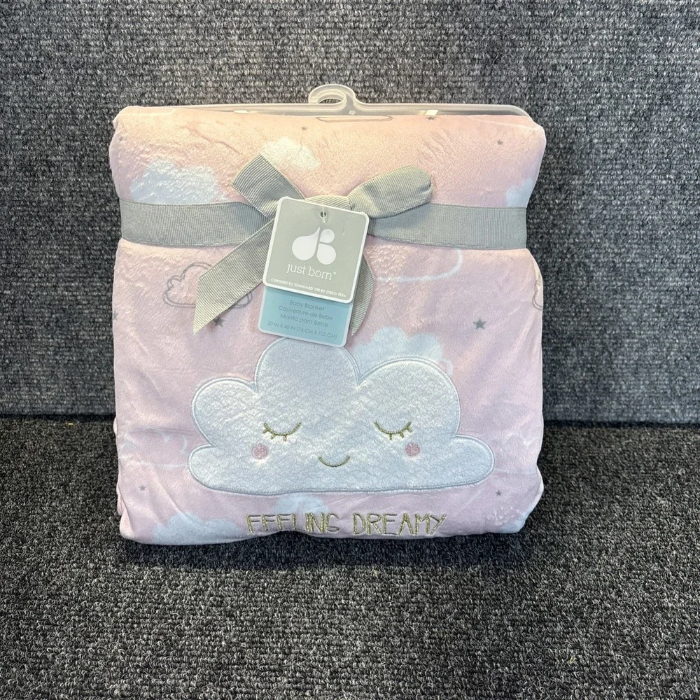 Just Born~Baby Girl~Feeling Dreamy Pink/Gray~Clouds Sherpa Plush Blanket~30x40